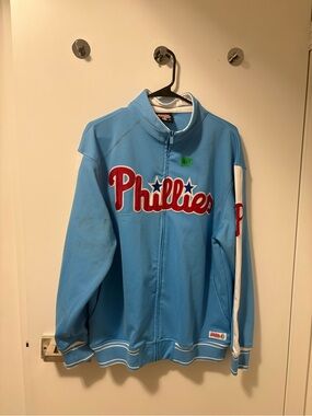 Stitches Light Blue Phillies Zip-Up Jacket with White Accents and Red Logo